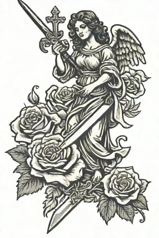 rose angel holding a sword tattoo design idea