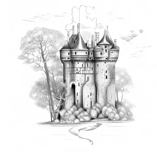 montre a gousset,  château en ruine au millieu ainsi que des feuilles verte et de tattoo design idea