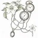 related to urban exploration, a pocket watch, lilies surrounded by a chain and ivy tattoo design idea