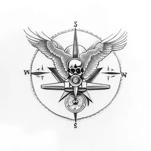 Celebrate your love for flying and your favorite things with a black-grey tattoo design of a skull wearing a pilot's hat, holding a compass in one hand and a flying owl in the other. tattoo design idea
