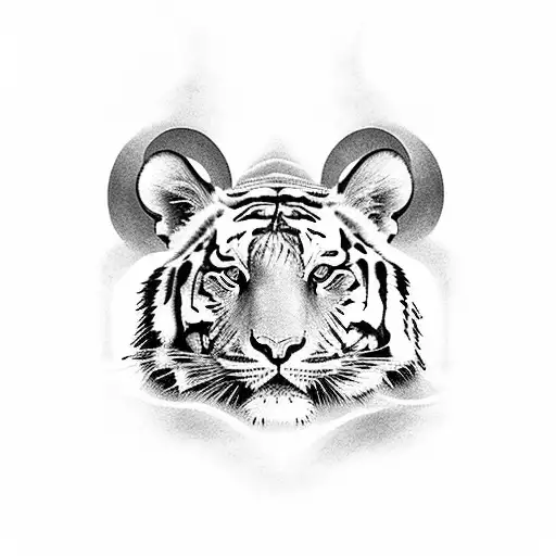 asain tiger sleeve in black greys with waves and orchids  tattoo design idea