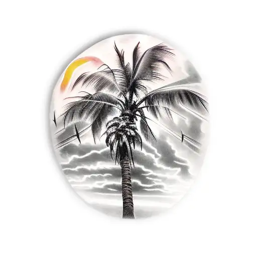 palm tree, sunset, thunder and lightning storm tattoo design idea