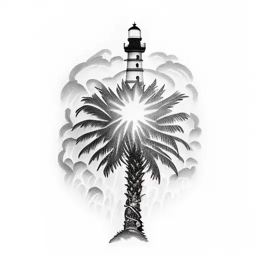 lighthouse, palm tree, sunset, thunder and lightning storm tattoo design idea