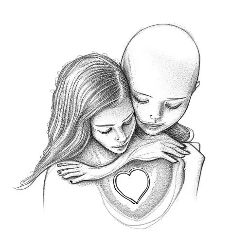 An intricate design of a mother embracing her child, with the breast cancer ribbon forming a heart in the background, representing the strength of a cancer survivor's love for their family. tattoo design idea