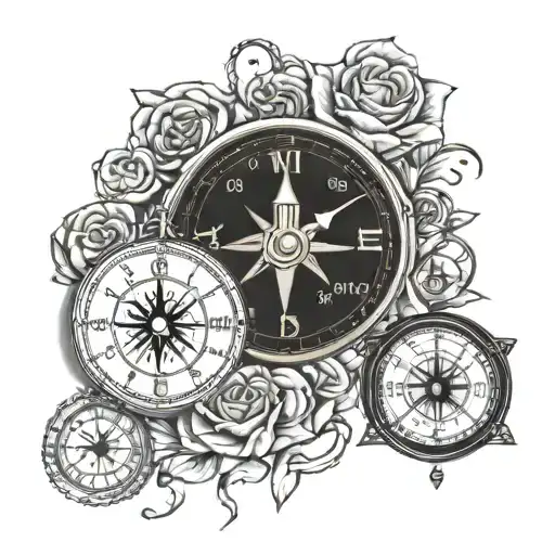 clock, compass, rose, patience vertical tattoo tattoo design idea