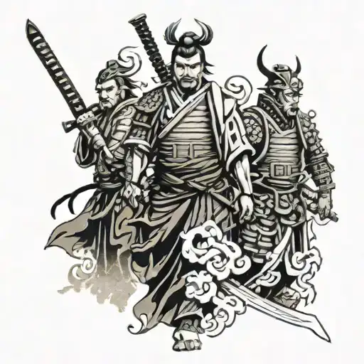 bushido code on spine with two sumari warriors on each side tattoo design idea