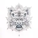 foo dog, a samurai shadow and a lotus flower tattoo design idea