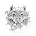 foo dog, a samurai shadow and a lotus flower tattoo design idea