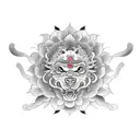 foo dog, a samurai shadow and a lotus flower tattoo design idea