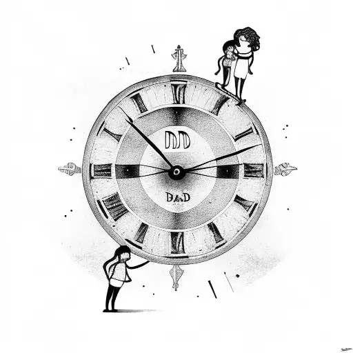 dad and 2 daughters holding hands, old clock tattoo design idea