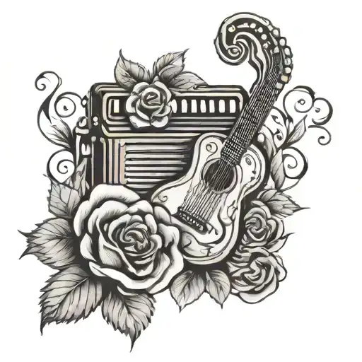 accordion, acustic guitar, treble clef and roses intertwined tattoo design idea