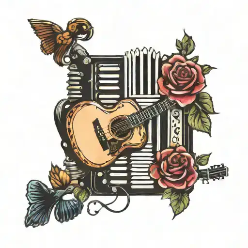 accordion and acustic guitar with roses blooming tattoo design idea