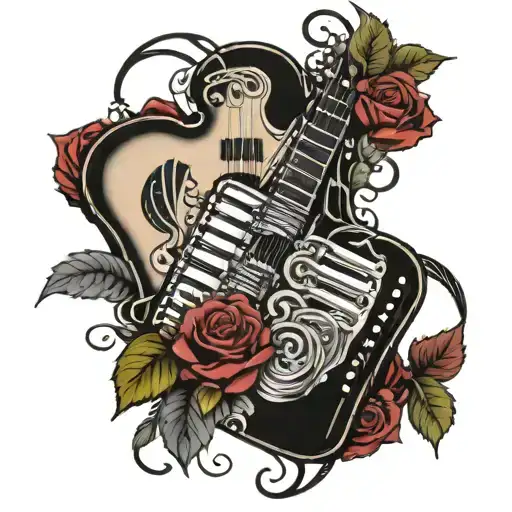 accordion and acustic guitar with roses intertwined tattoo design idea