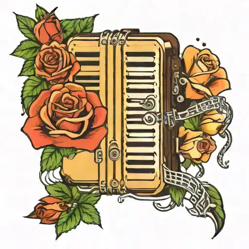accordion and acustic guitar with roses intertwined tattoo design idea