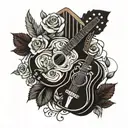accordion and acustic guitar with roses intertwined tattoo design idea