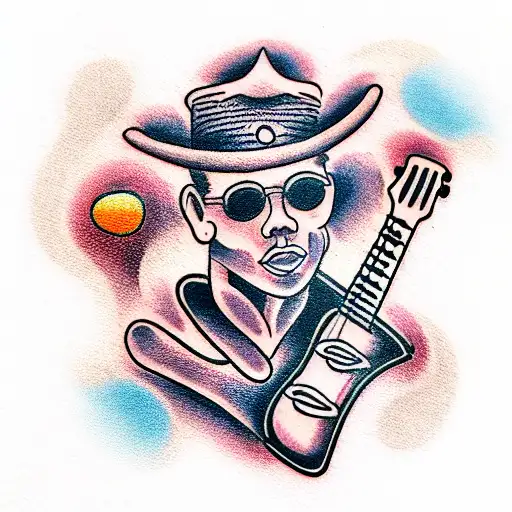 Traditional "Blues Guitar And Harmonica" Tattoo Idea BlackInk AI