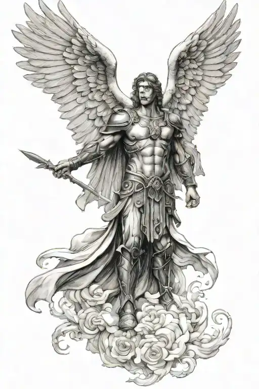 male warrior angel wide outspread wings tattoo design idea