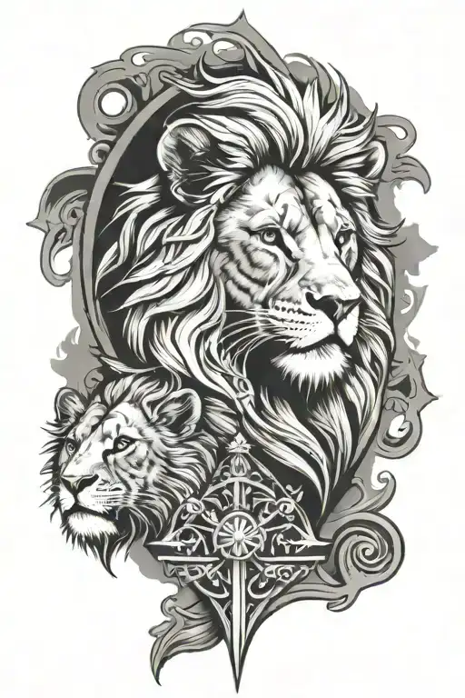 forward facing lions head behind Christian Cross tattoo design idea