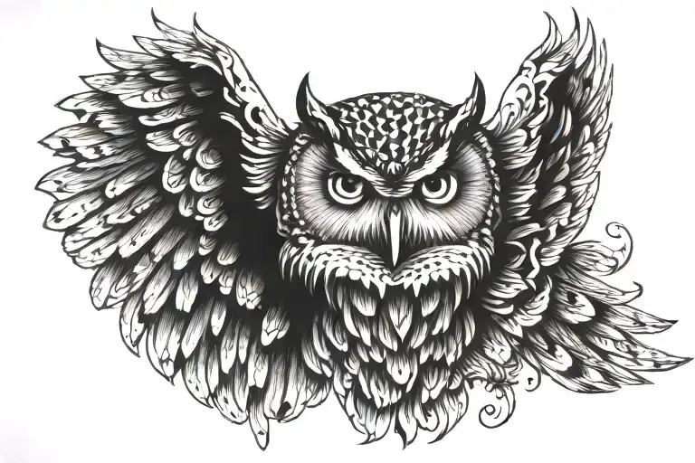 Owl tattoo, Majestic, Deadly Gaze, Mysterious, Close-up, Wings spread tattoo design idea