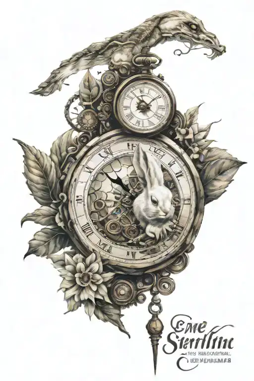 A time piece, an eye, compass, a road and the white rabbit tattoo design idea