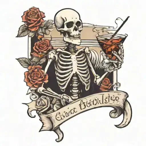 black and white Social Distorion skelleton with the martini glass dancing with a road and roses and a empty banner tattoo design idea