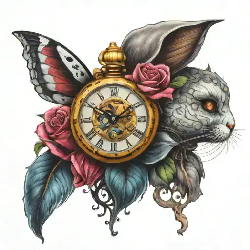 Catrina, roses, a time piece, a road and the white rabbit from alice in wonderland tattoo design idea