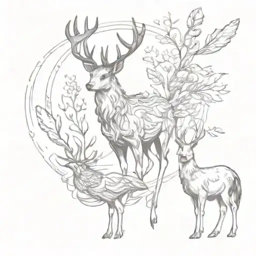 A deer standing, a hawk, a rooster and a nightingale tattoo design idea