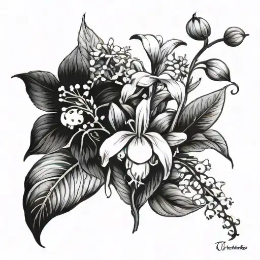 One lily of the valley, one morning glory and one chrysanthemum  tattoo design idea