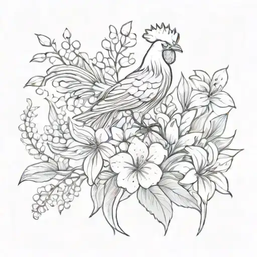 A lily of the valley, a morning glory and a chrysanthemum, a hawk, a rooster and a nightingale tattoo design idea