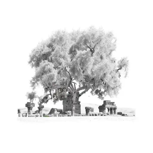 Farm scene with a mystical twist - balboa trees growing out of ancient Egyptian ruins tattoo design idea