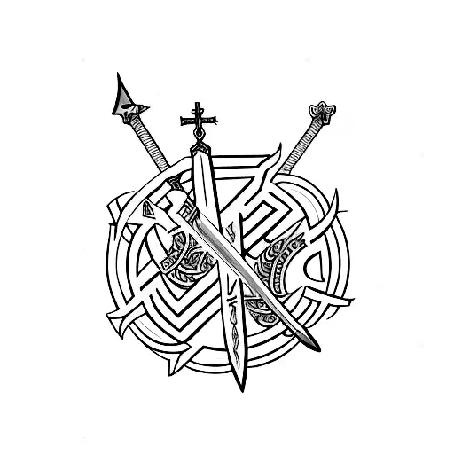 sword with the words "victory" written boldly in hebrew to replace the cross guard of the sword tattoo design idea