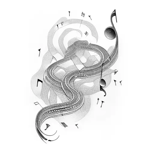 music not intertwined with a winding road with a serene landscape as background tattoo design idea