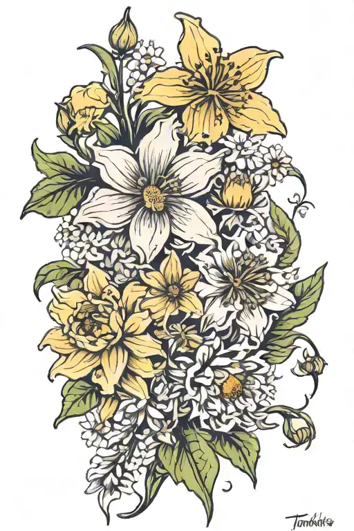 daffodils violets carnation daisy chrysanthemum flower tattoo design idea