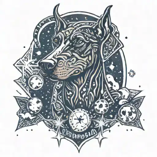 A Doberman or Spitz dog surrounded by celestial elements like stars and moons tattoo design idea