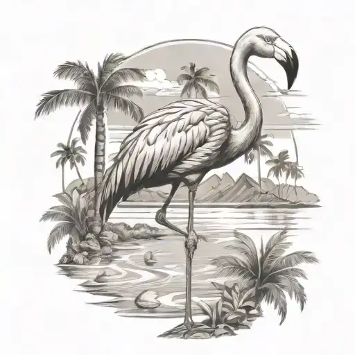 greyscale big flamingo, palm trees, sea, sky, made for upperleg tattoo design idea