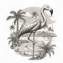 greyscale big flamingo, palm trees, sea, sky, made for upperleg tattoo design idea