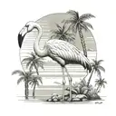 greyscale big flamingo, palm trees, sea, sky, made for upperleg tattoo design idea