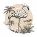 greyscale big flamingo, palm trees, sea, sky, made for upperleg tattoo design idea