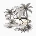 greyscale big flamingo, palm trees, sea, sky, made for upperleg tattoo design idea