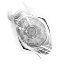 Create a futuristic forearm tattoo, incorporating electronic circuit patterns and computer coding symbols.  tattoo design idea