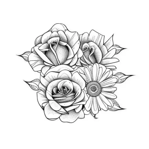 roses and daisies with 10/02/2023 in roman numerals tattoo design idea