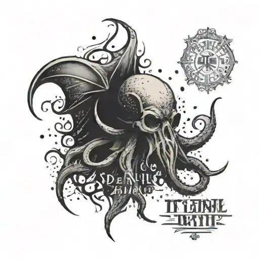 text "It is not death that lies eternal until time conquers death" sorrounded by tentakels Cthulhu style tattoo design idea