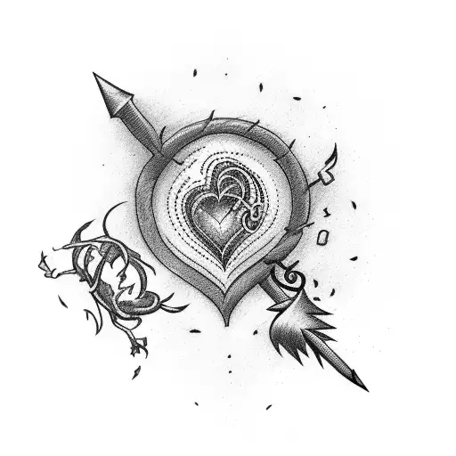 heart on fire with arrows and 2 names tattoo design idea