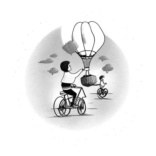 A heartwarming scene of a parent cycling alongside their child, with the child's bicycle gradually transitioning into a soaring hot air balloon. tattoo design idea
