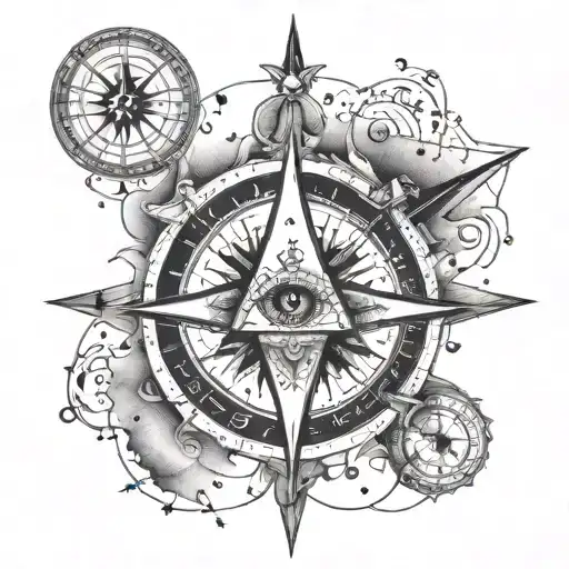 A dotwork tattoo of a compass rose with conspiracy theory symbols hidden within the design, such as the all-seeing eye and the Illuminati triangle tattoo design idea