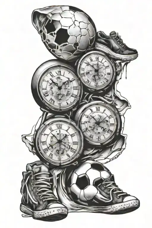 three old clocks inside a big soccer ball tattoo for man tattoo design idea