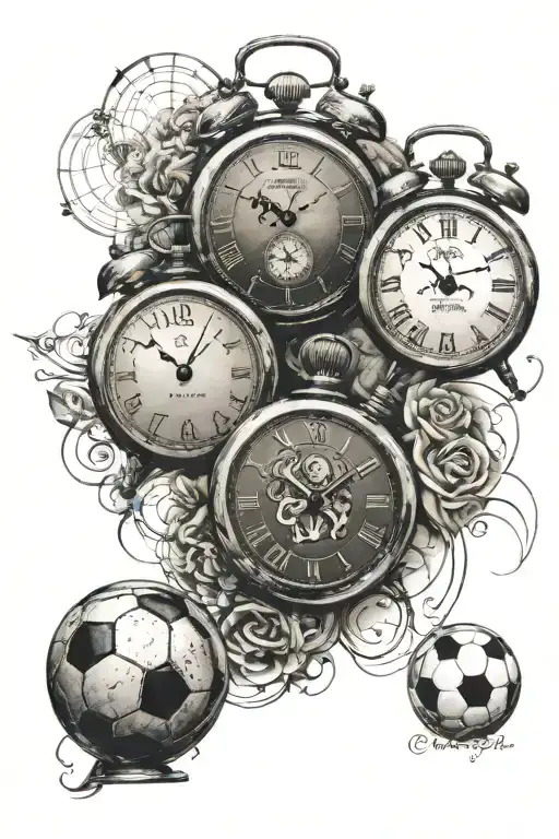 three old clocks with three different names incorporating wit a soccer ball included  tattoo design idea