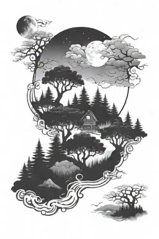 foggy forest with moon and clouds that spiral at the top dog  tattoo design idea