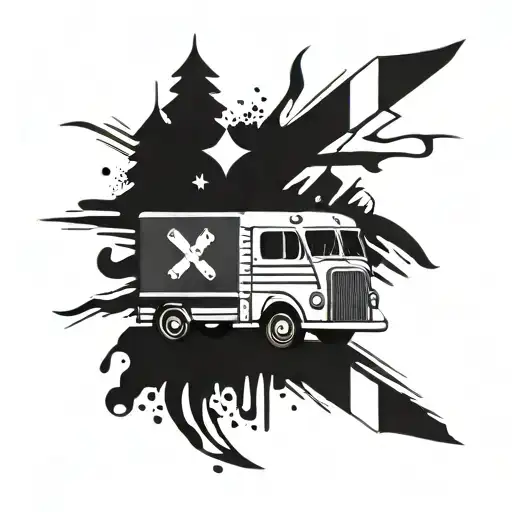 A vintage milk truck with racing stripes and a Call of Duty emblem on the side tattoo design idea