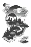 foggy forest with moon and clouds that spiral at the top dog  tattoo design idea